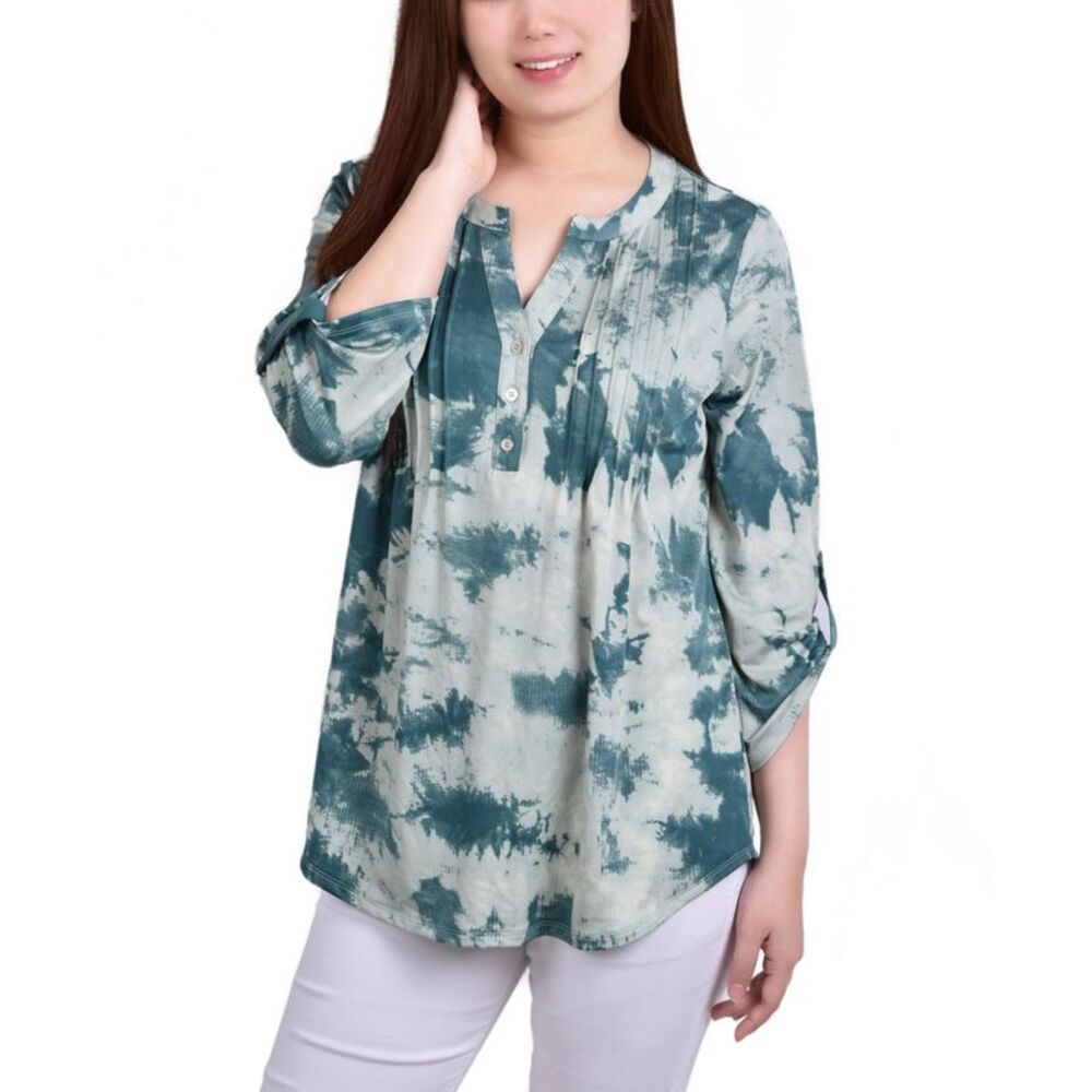 NY Collection Petite Knit Jacquard 3/4 Sleeve Roll Tab Top
